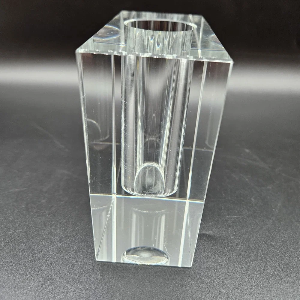 Vintage MCM Clear Crystal Block Bud Vase Heavy Minimalist Propagation Decor